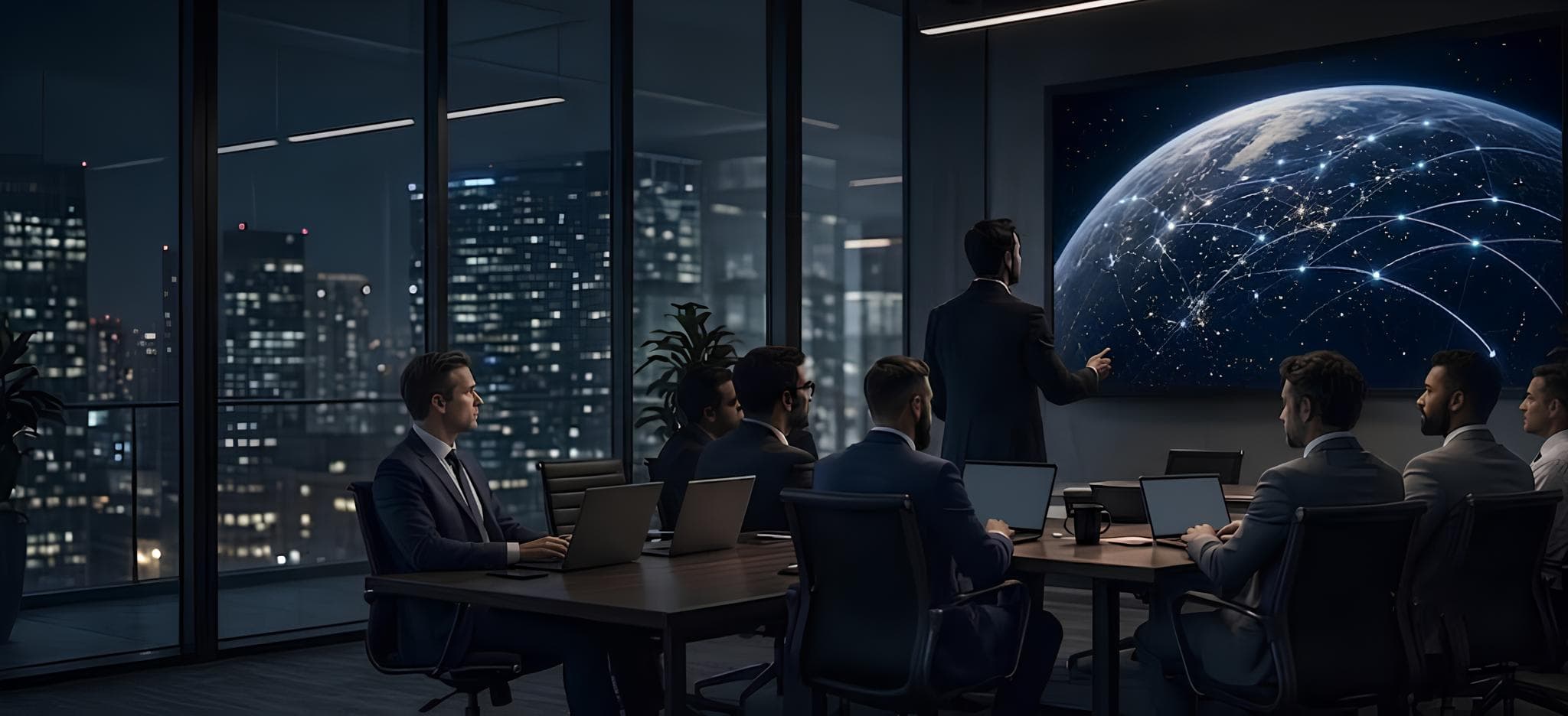 A facilitator presenting a global AI briefing to a corporate team in a dark boardroom