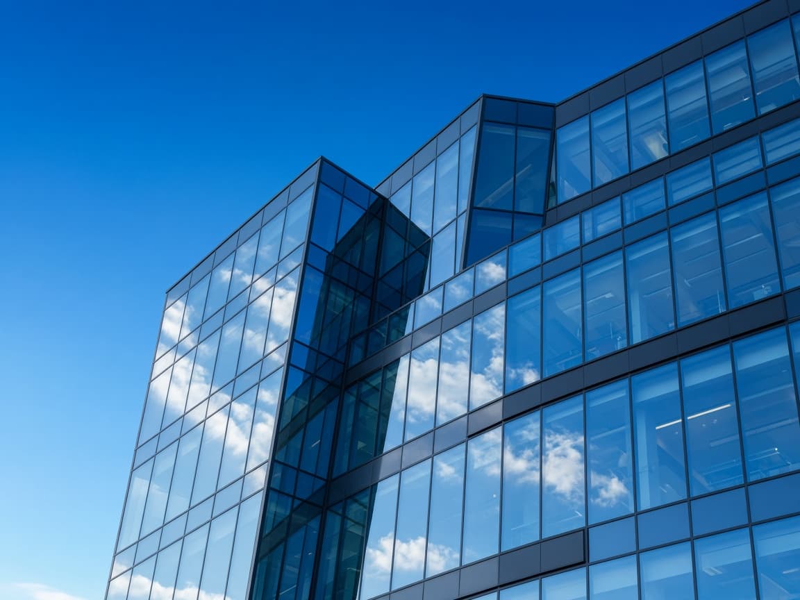 Glass office building against a blue sky