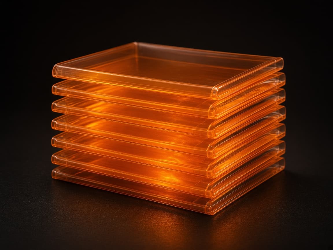 Glowing orange folders stacked in the dark