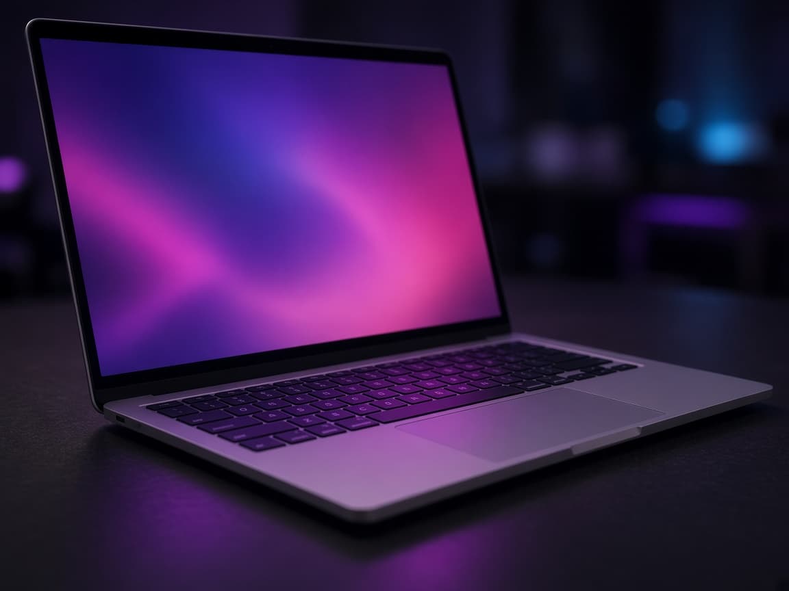 Laptop glowing with purple light
