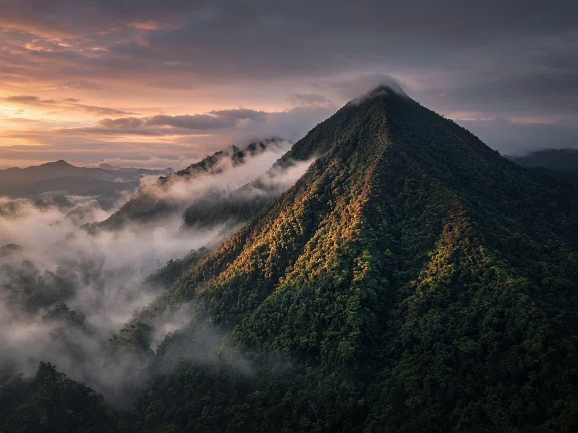 Forested mountain peak at dusk