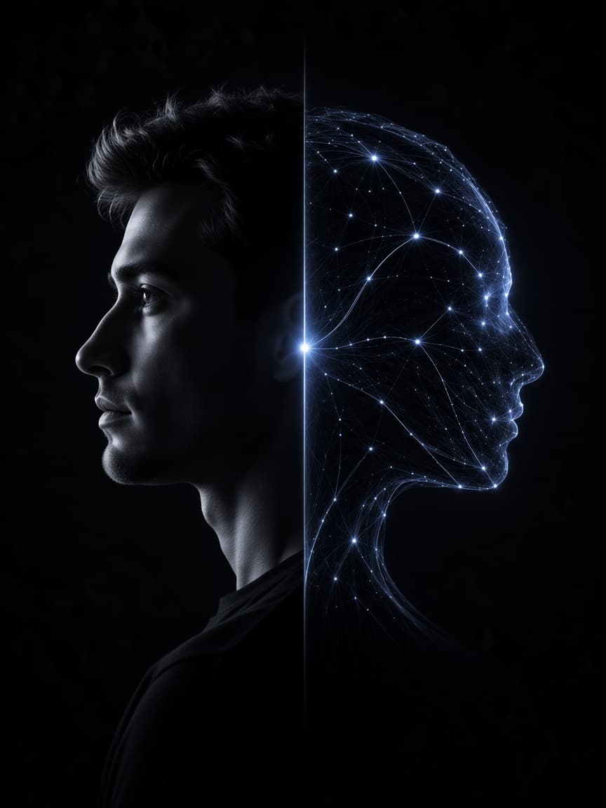 A human profile split with a neural network, showing learning as both biological and computational