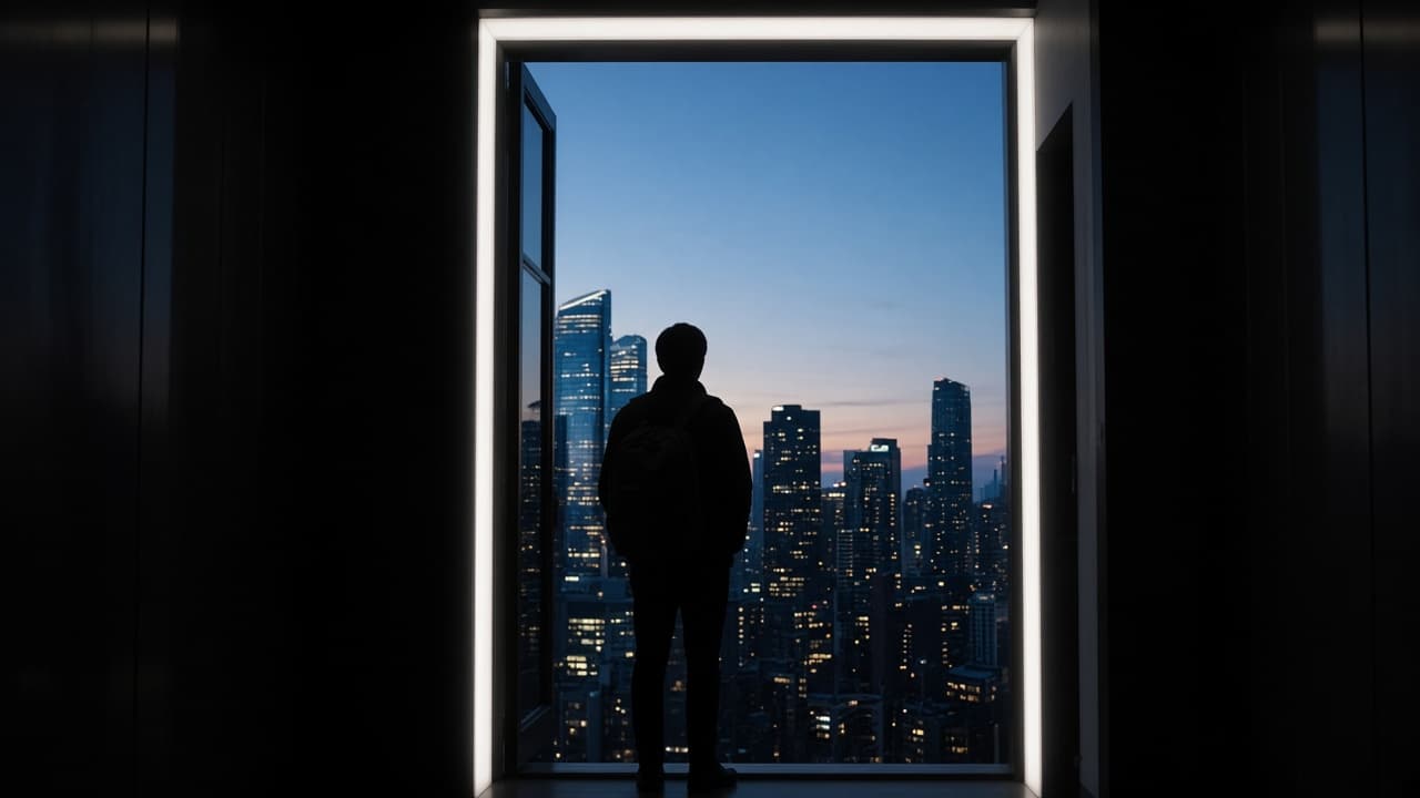A professional standing in a doorway looking out toward a city skyline